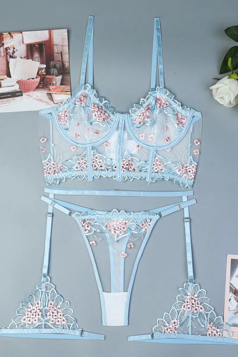 Dames Jarretelset Blauw Kant