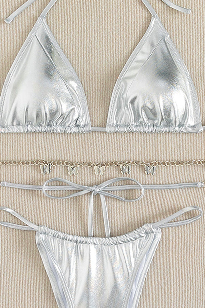 Zilver Metallic Bikini Dames – Triangel Set met Butterfly Chain