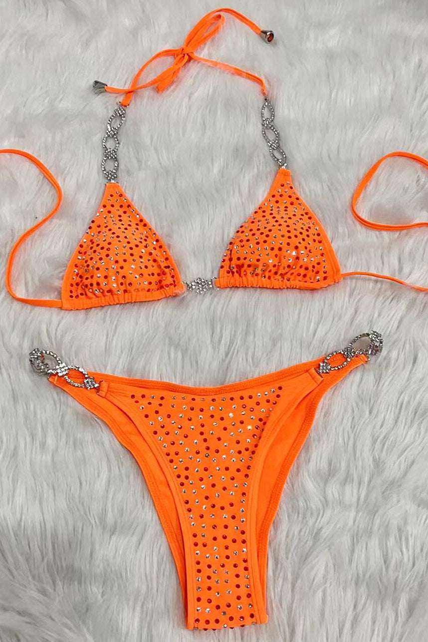 Oranje Bikini Dames – Strappy Set met Glitter Details