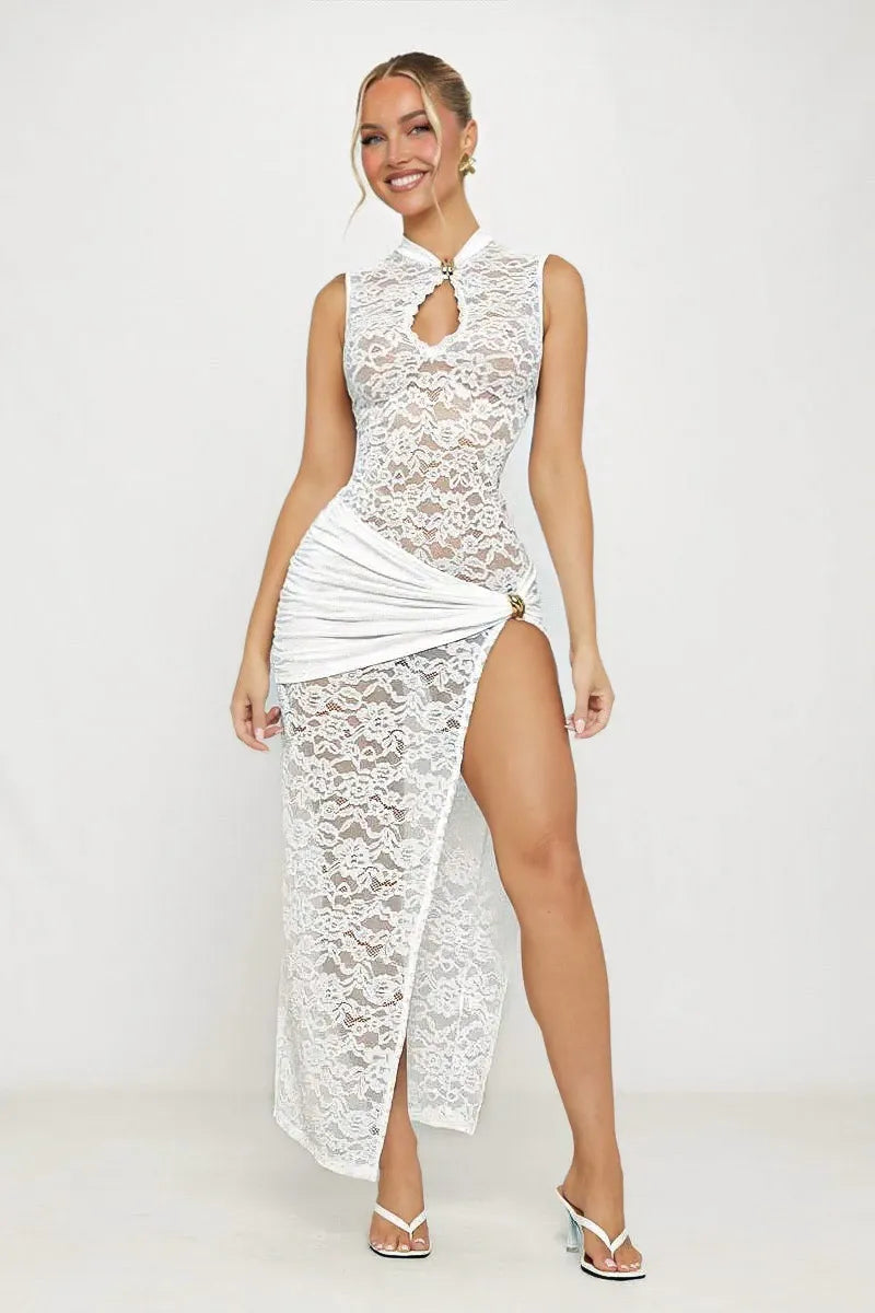 Aveline Dames Maxi Jurk | Kantlook | Hoge Split Met Gedrapeerde Taille