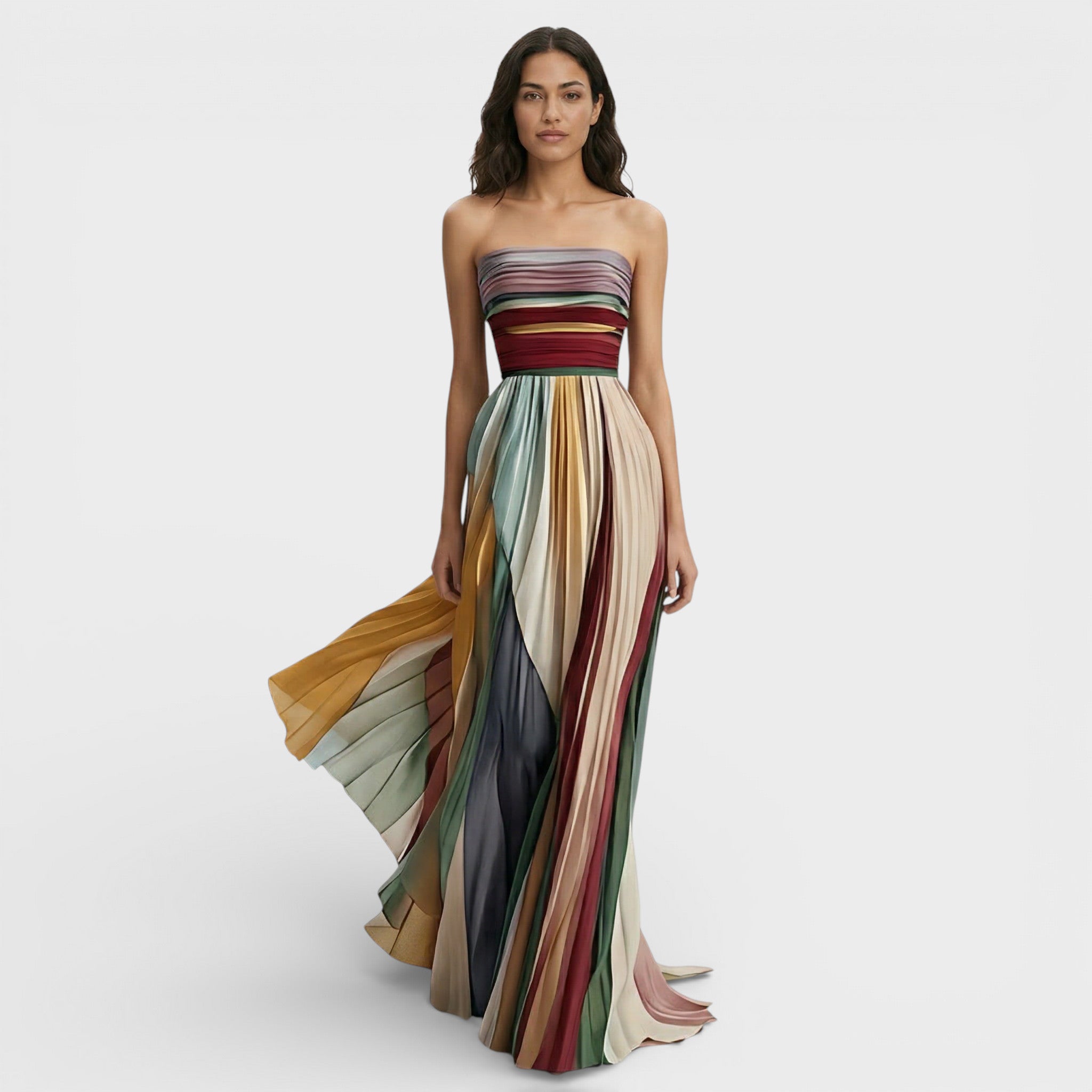 Dames Maxi Jurk | Strapless | Geplooid Met Multicolor Strepen