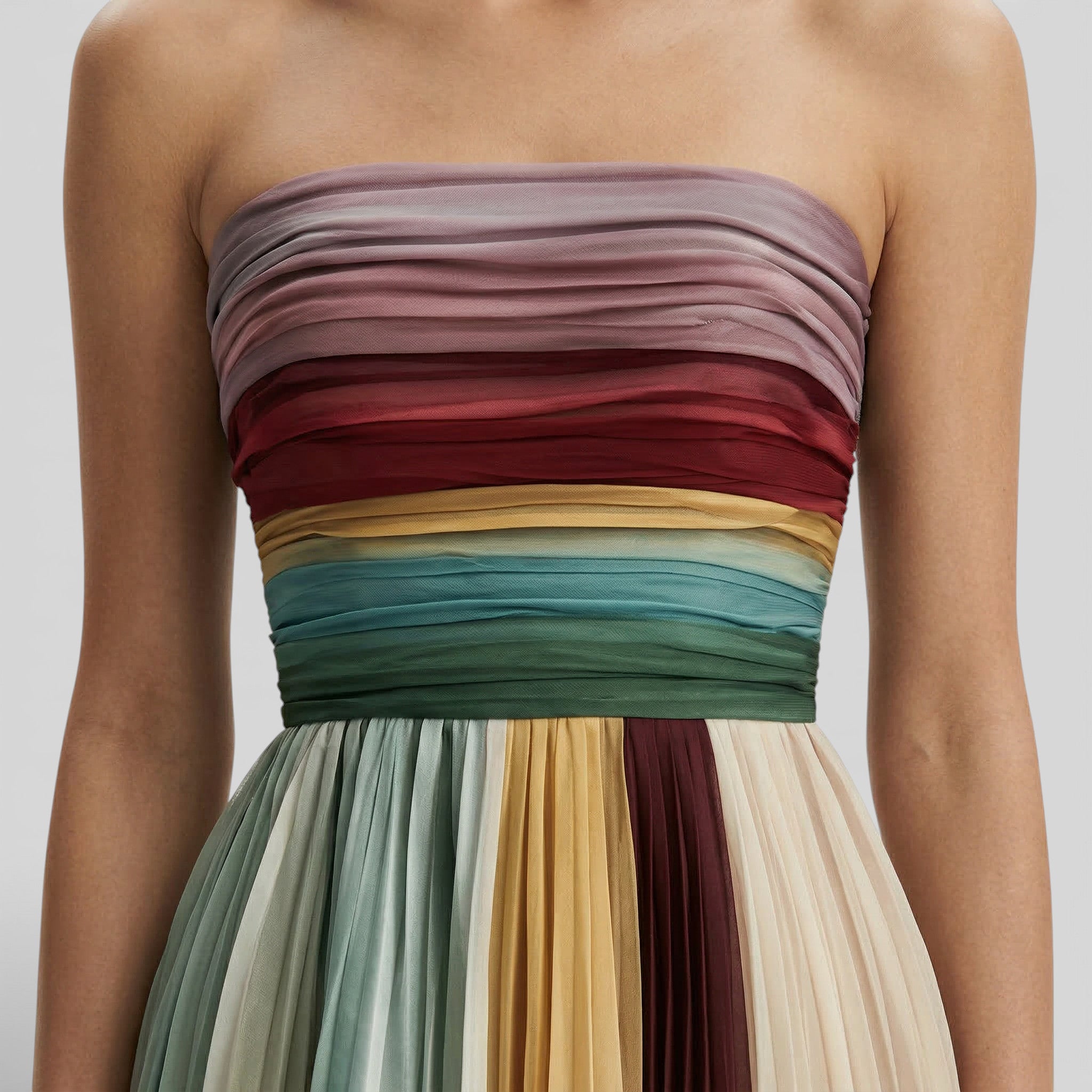 Dames Maxi Jurk | Strapless | Geplooid Met Multicolor Strepen