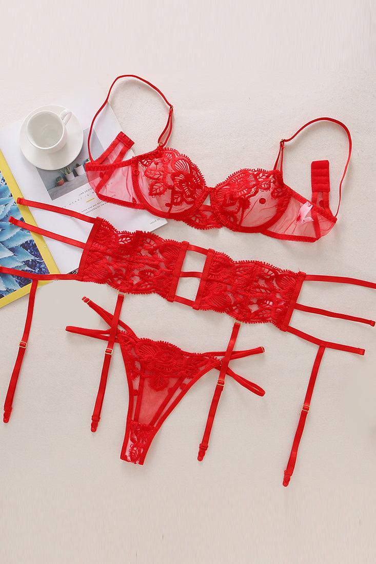 Bh Set Dames Kant En Mesh – Robijnrood 3-Delig Met Jarretels – Verleidelijke Set