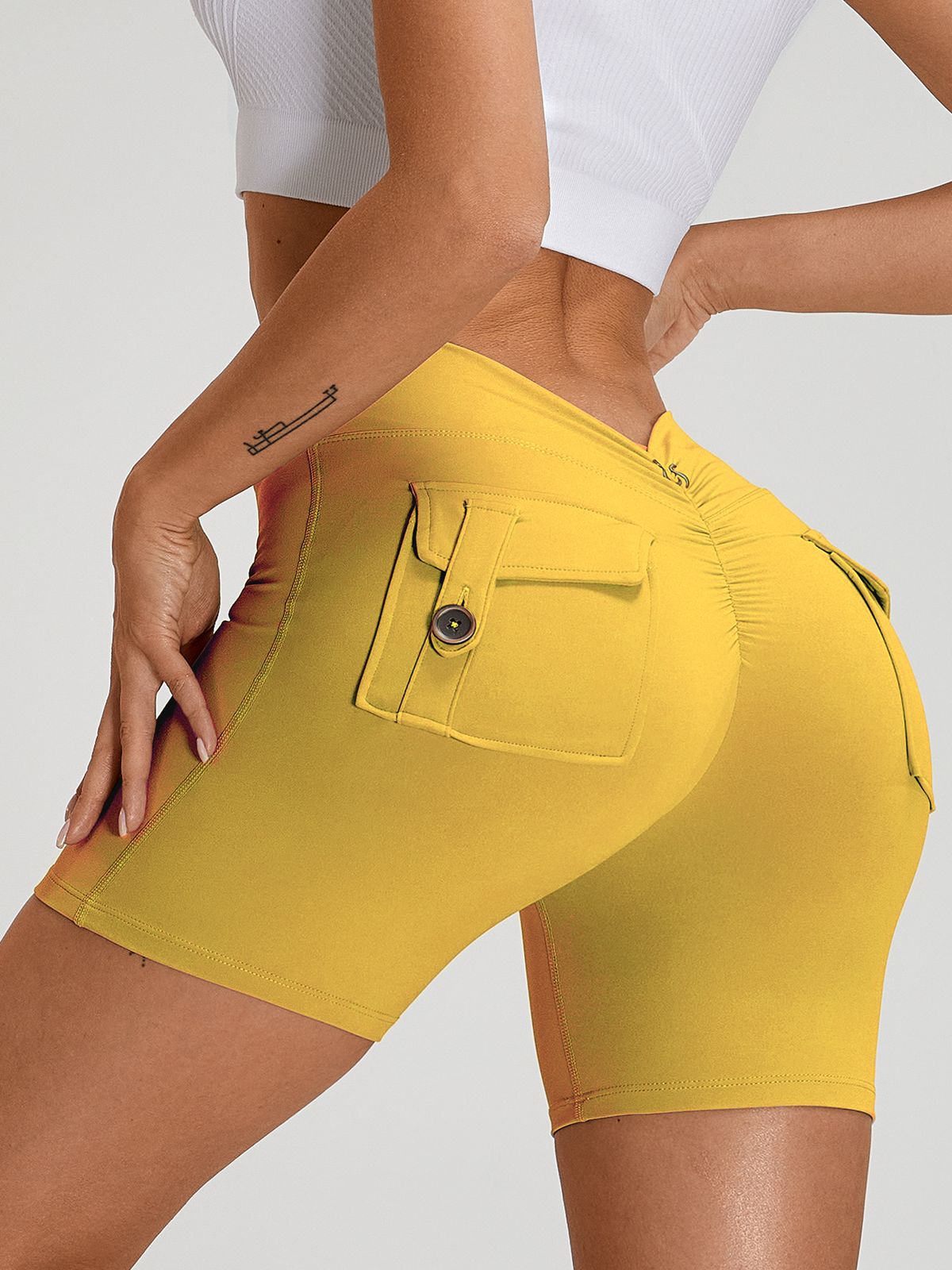 Sportshort Dames Scrunch Bum Diepe V-Rug met Zak