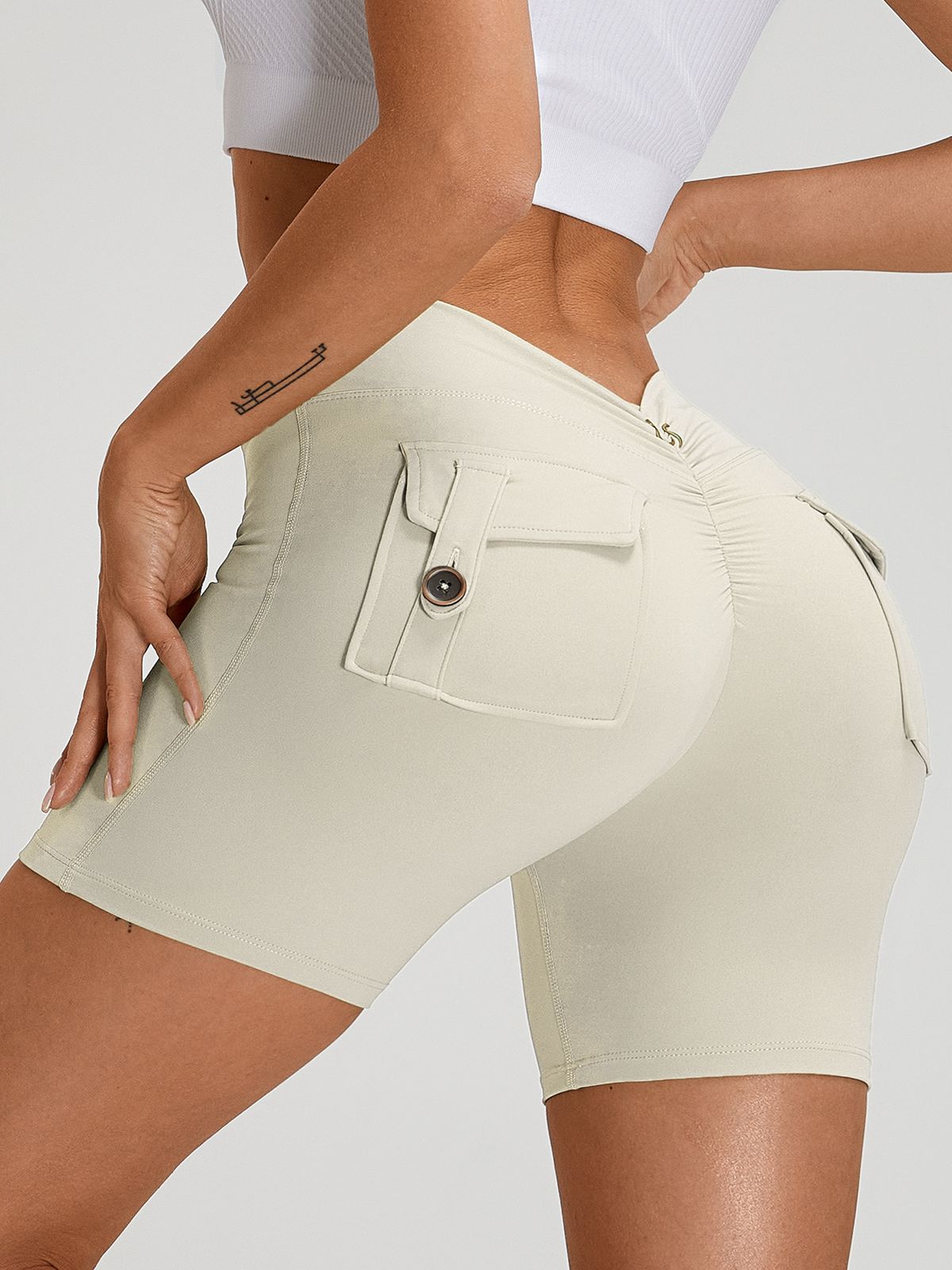 Sportshort Dames Scrunch Bum Diepe V-Rug met Zak