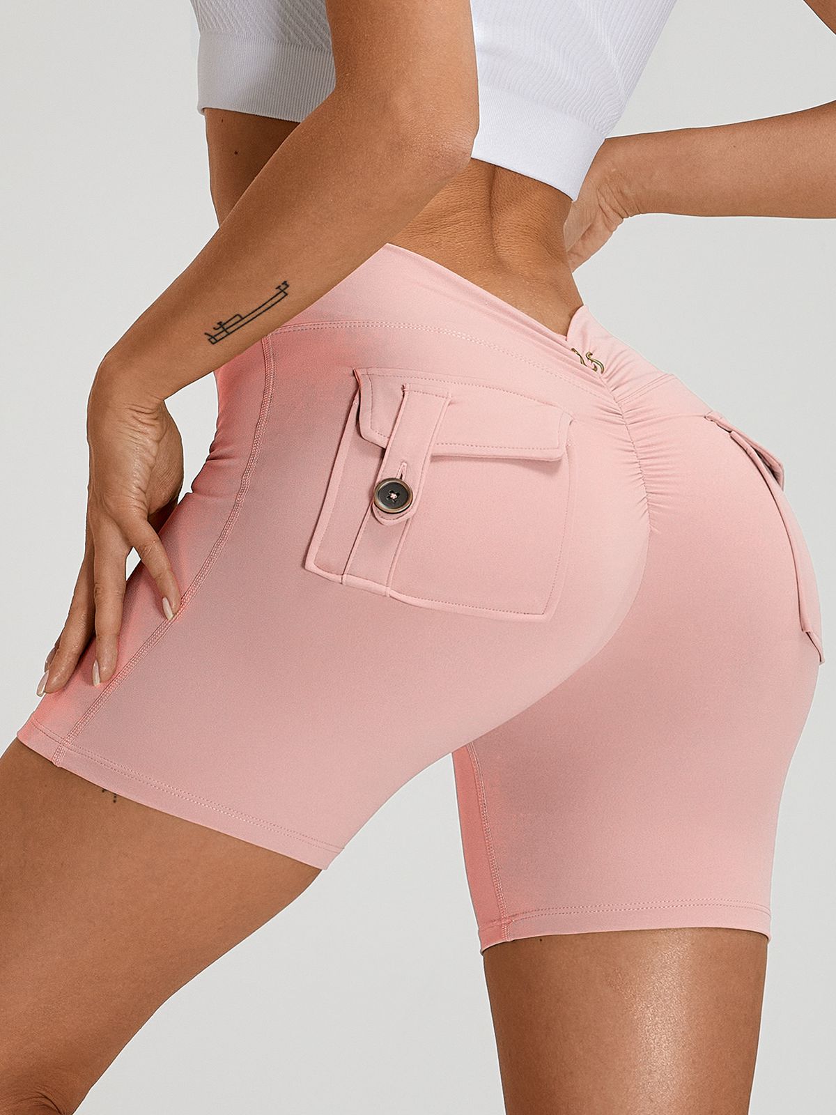 Sportshort Dames Scrunch Bum Diepe V-Rug met Zak