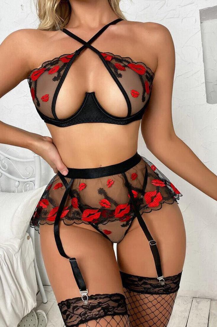 Lingerieset Dames Mesh – Zwart Rood 3-Delig – Elegante Set met Sensuele Look