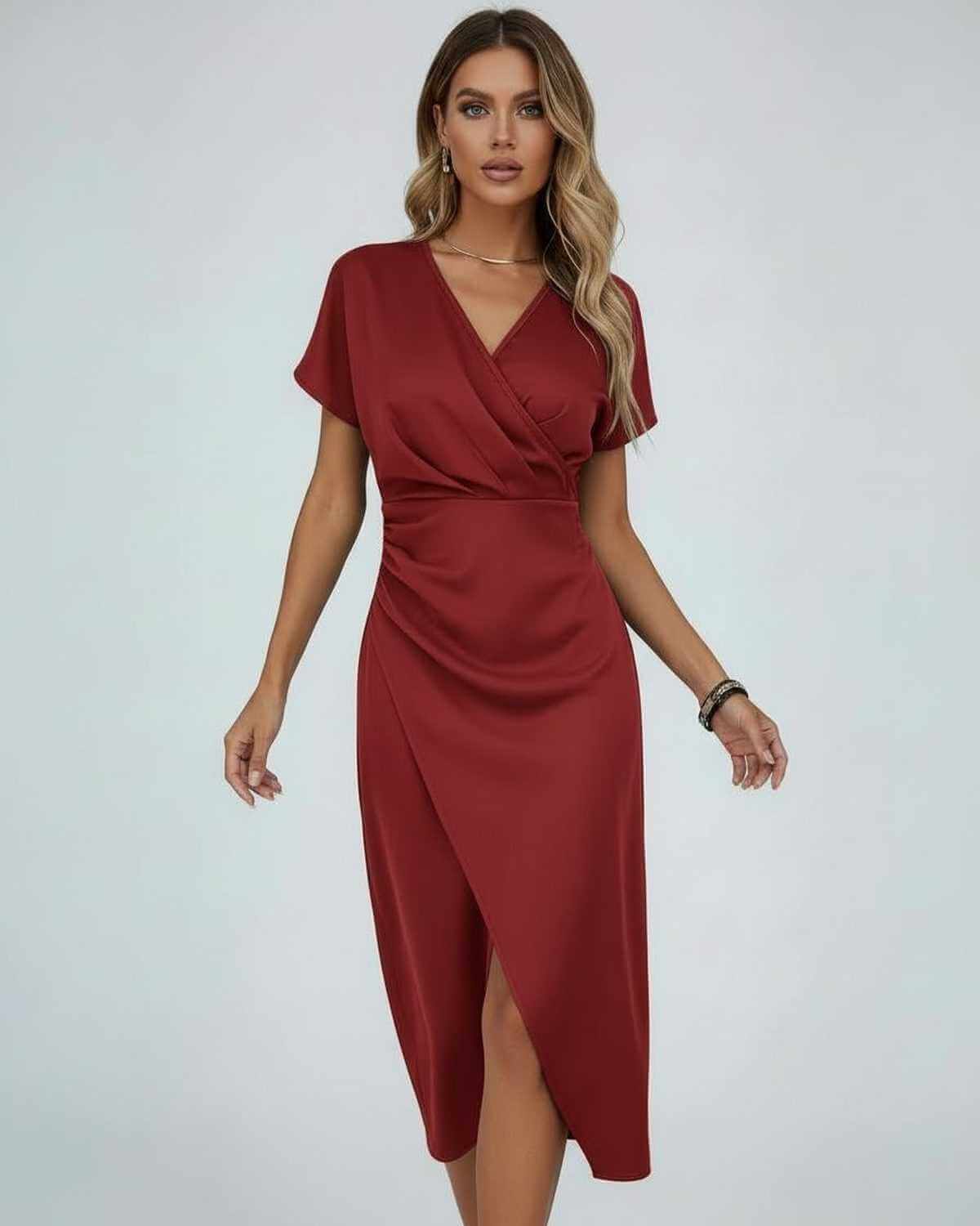 Dames Midi Jurk | Groen | Overslag V-Hals | Gedrapeerd Met Split