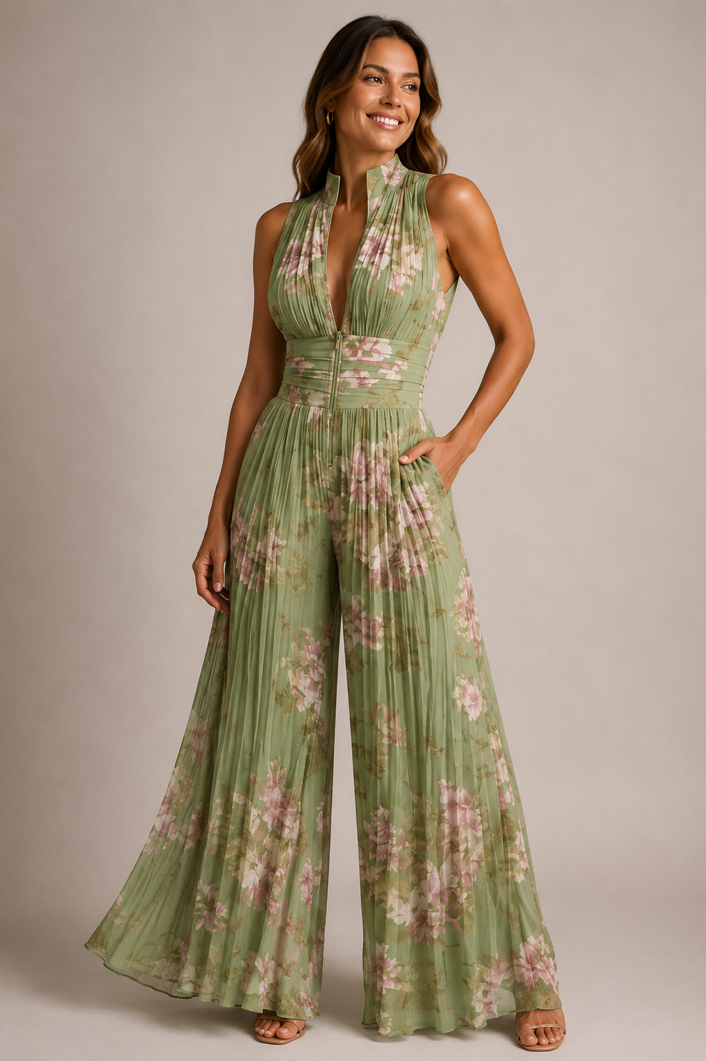 Dames Geplooide Jumpsuit Halterhals | Hoge Taille & Wijde Pijpen | Feestdagen