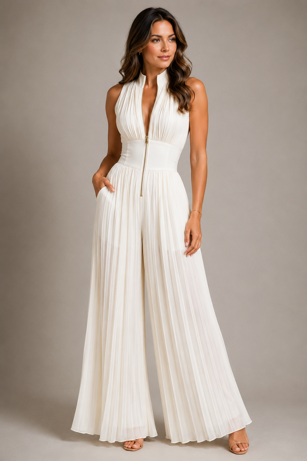 Dames Geplooide Jumpsuit Halterhals | Hoge Taille & Wijde Pijpen | Feestdagen