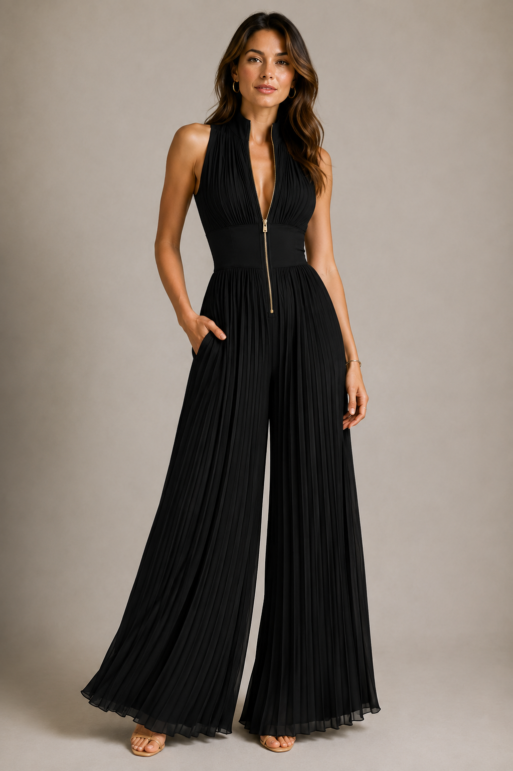 Dames Geplooide Jumpsuit Halterhals | Hoge Taille & Wijde Pijpen | Feestdagen