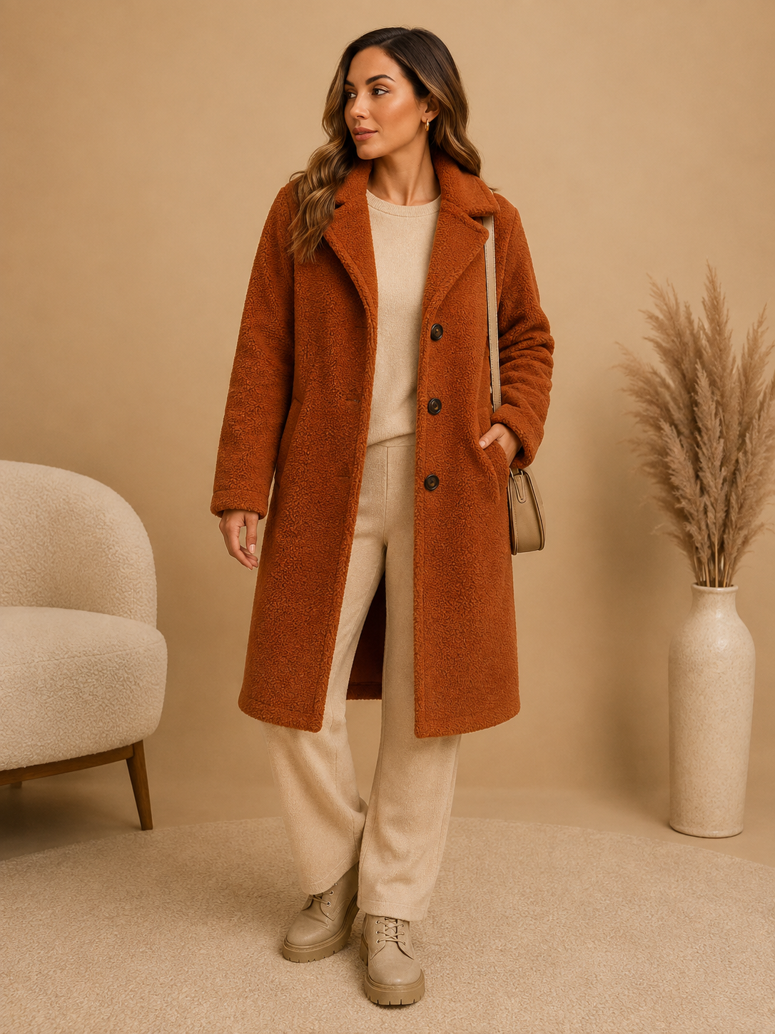 Dames Lange Teddy Winterjas met Knopen | Pluizig Teddy | Herfst & Winter