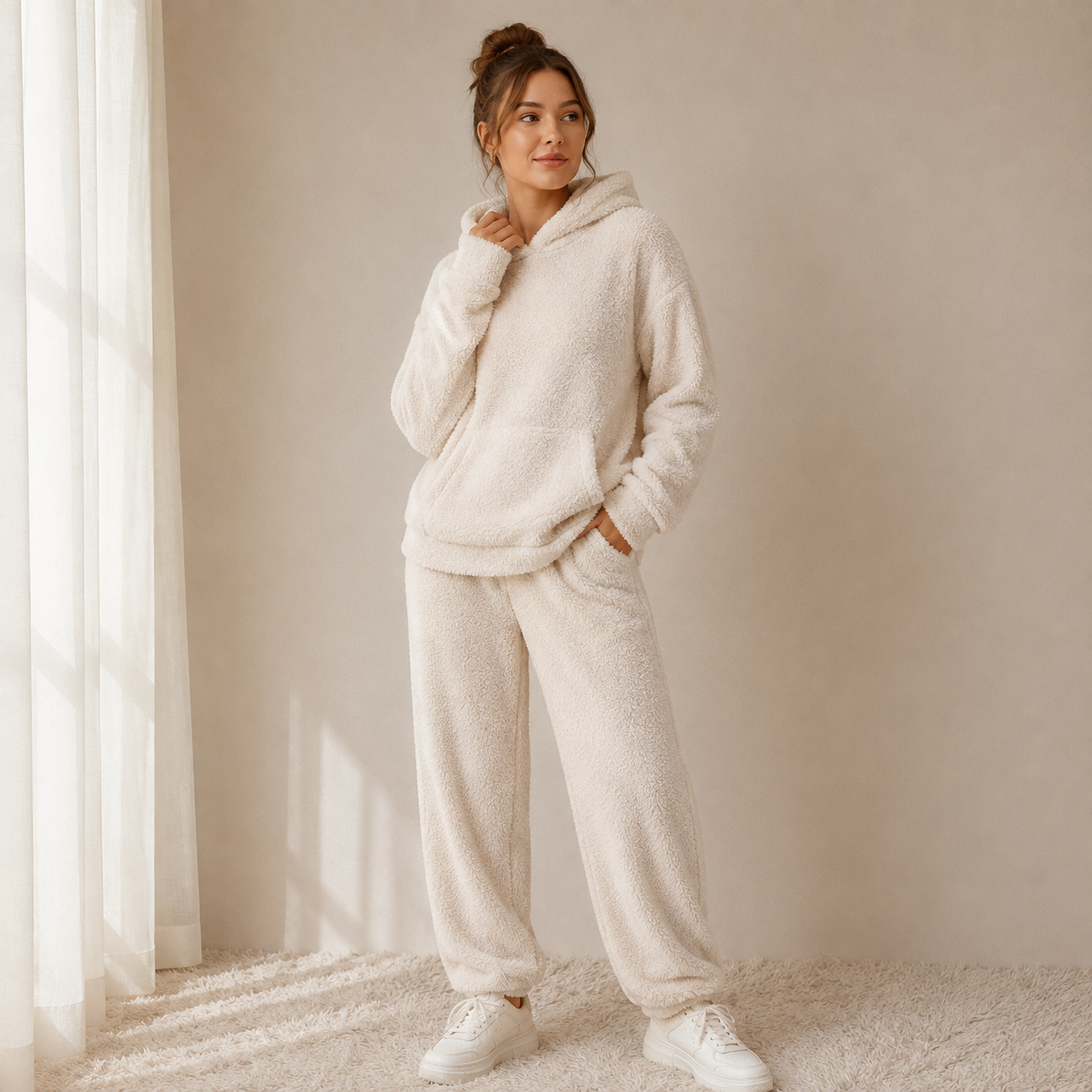 Dames Tweedelig Teddy Huispak Capuchon | Pluizige Teddyfleece | Loungen