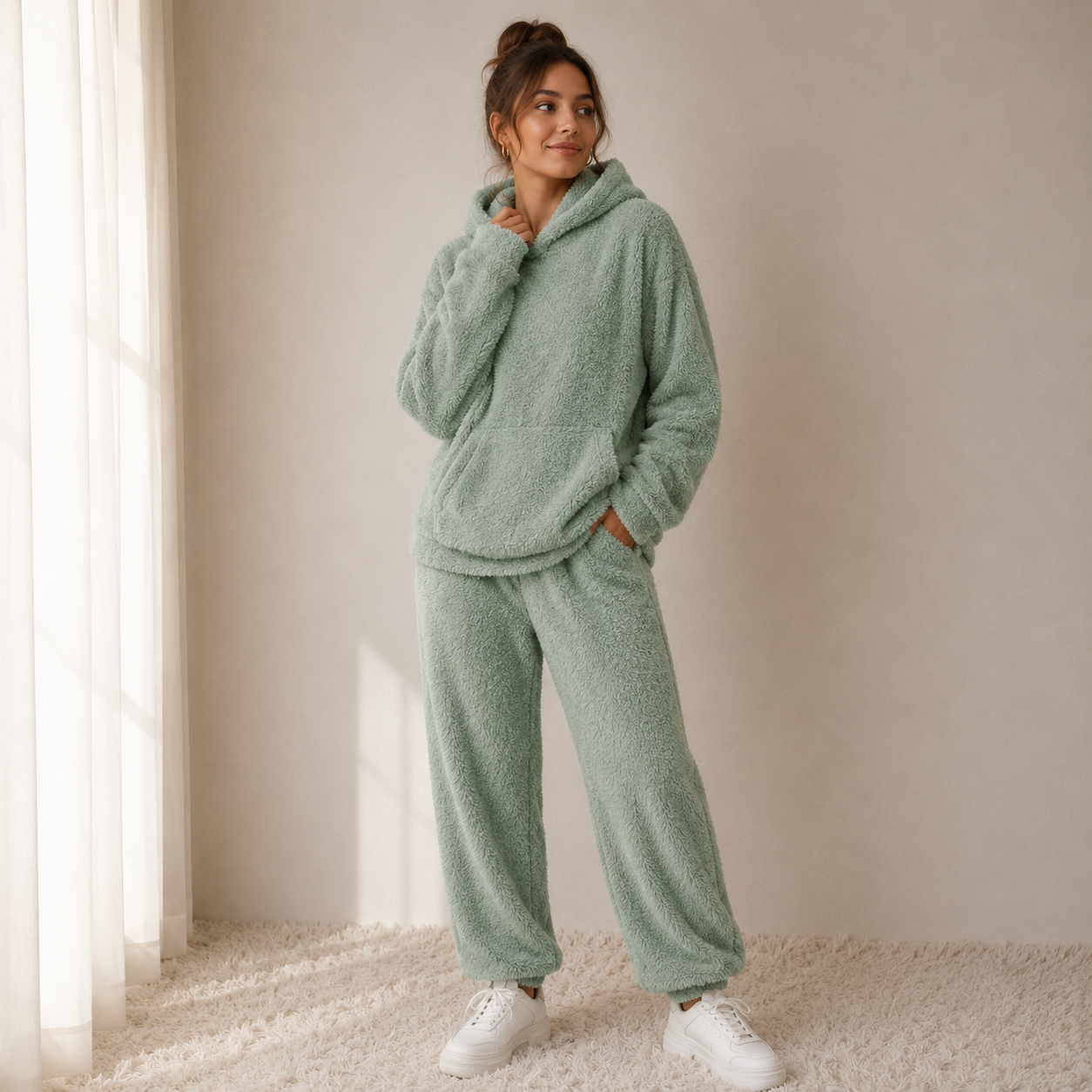 Dames Tweedelig Teddy Huispak Capuchon | Pluizige Teddyfleece | Loungen
