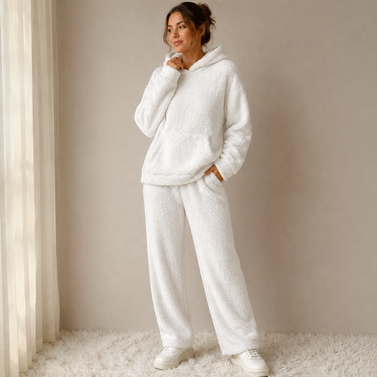 Dames Tweedelig Teddy Huispak Capuchon | Pluizige Teddyfleece | Loungen