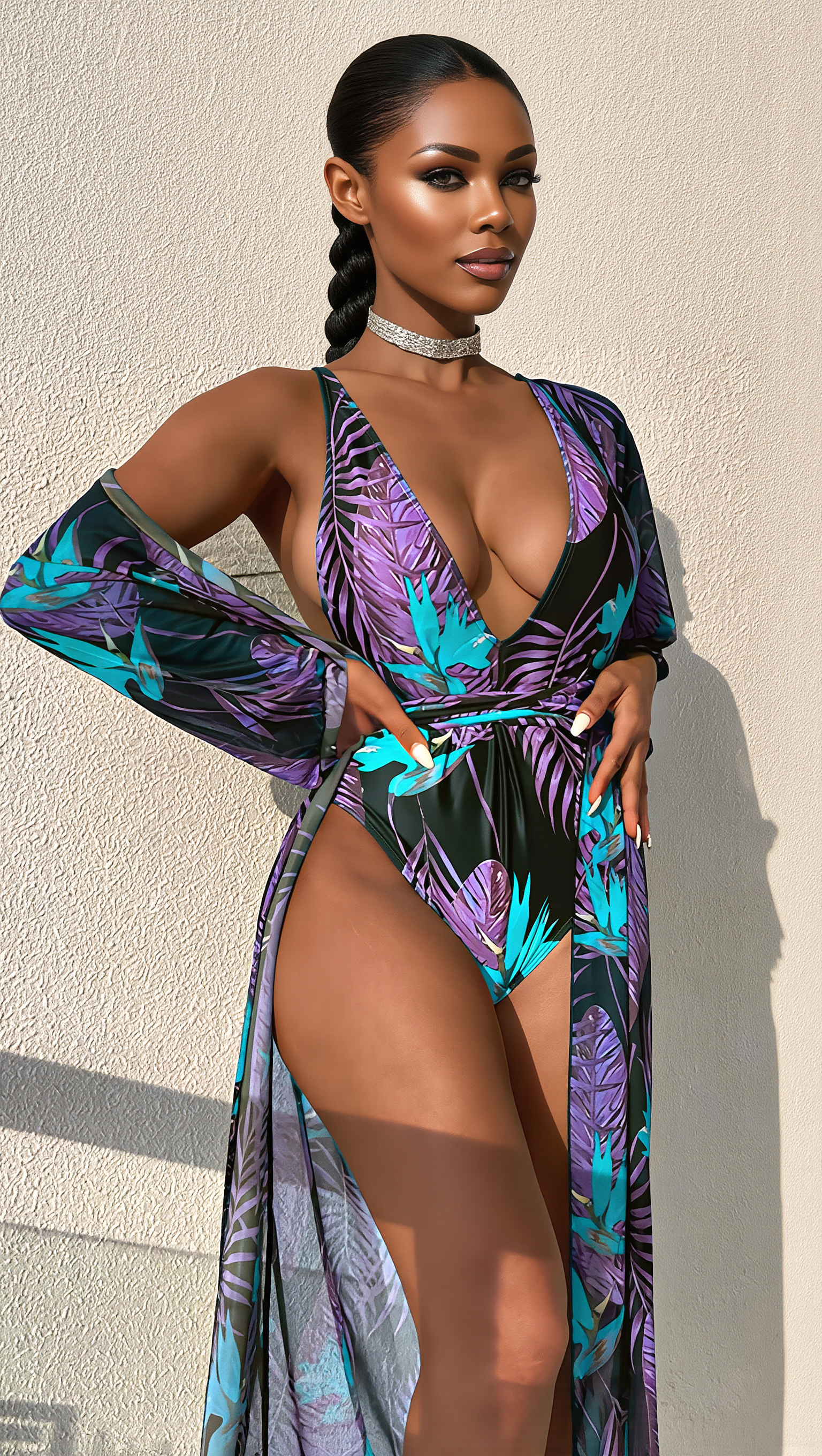 Zwart Paars Tropical Print Badpak Dames – Monokini met Mesh