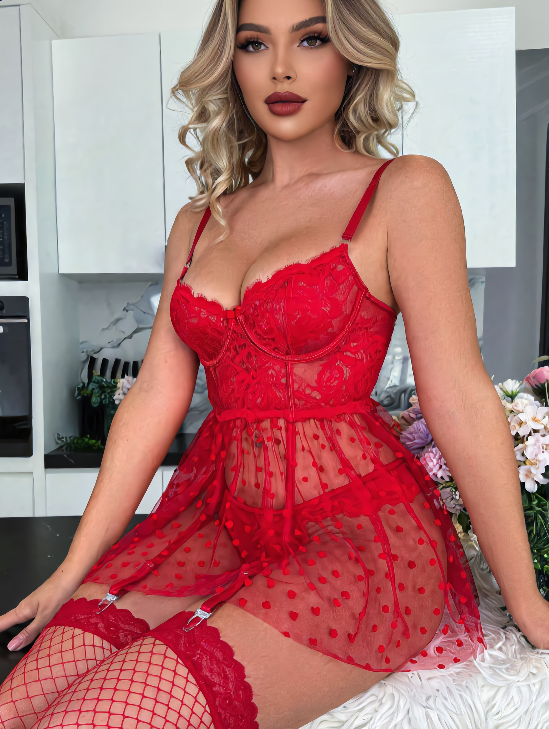 Babydoll Dames Hartjes – Rood 2-Delig Met Jarretels En String – Zacht & Vrouwelijk Comfort