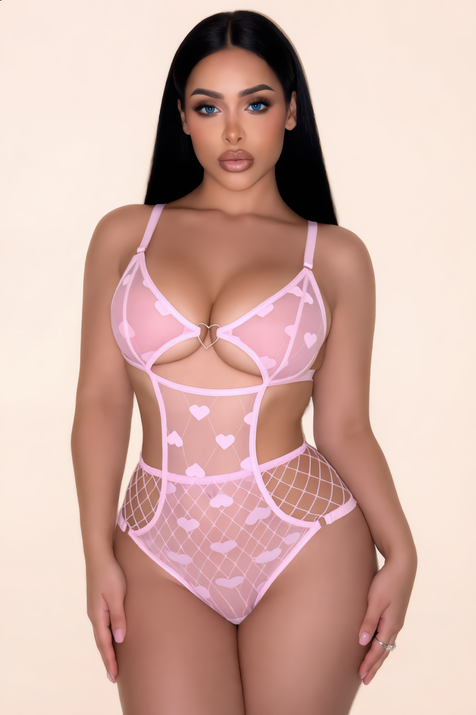 Bodysuit Dames Kant En Mesh – Roze Met Hart-Ringen – Sculpting Pasvorm & Draagcomfort