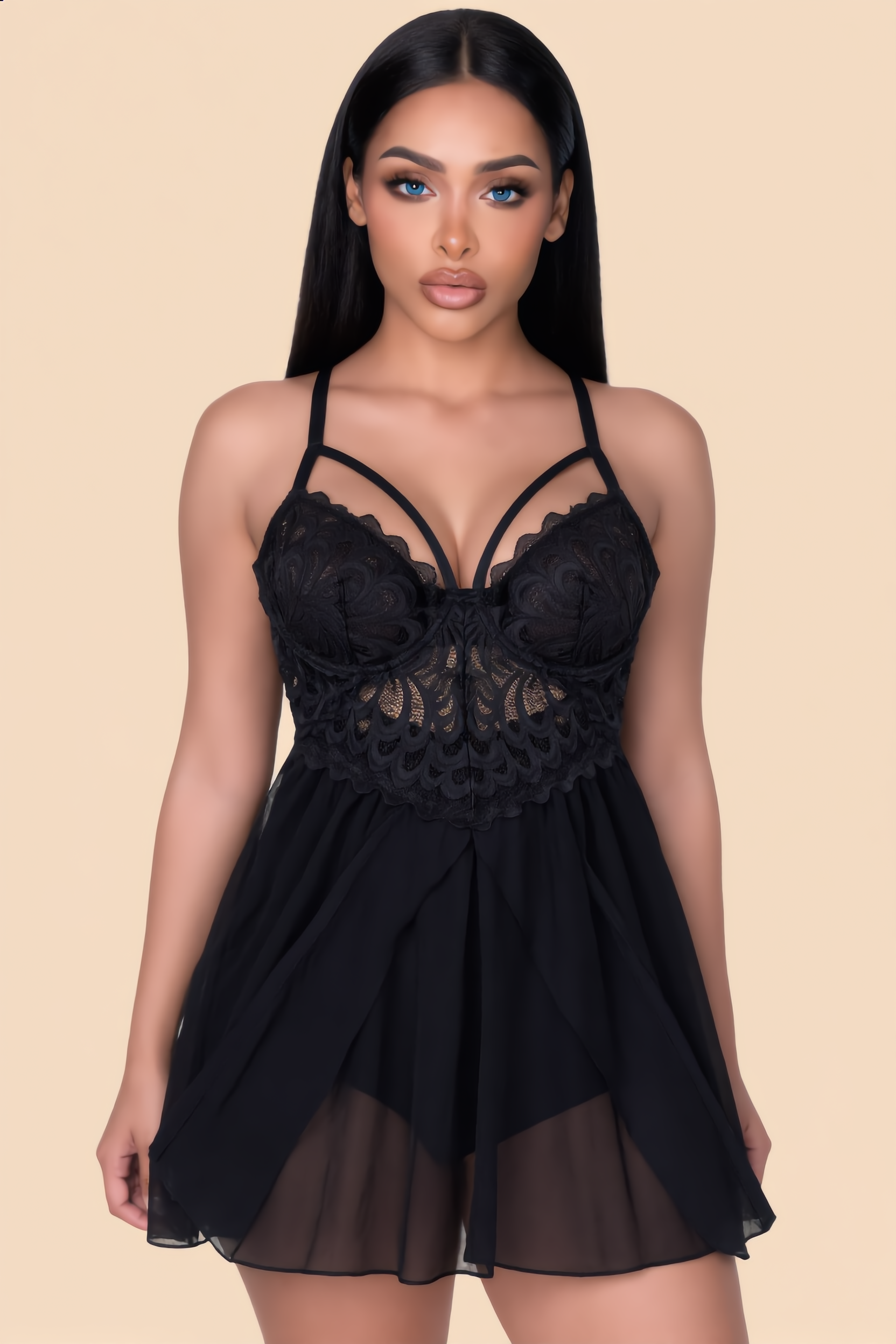 Babydoll Set Dames Kant En Mesh – Zwart Met Strappy String – Luchtig Draagcomfort