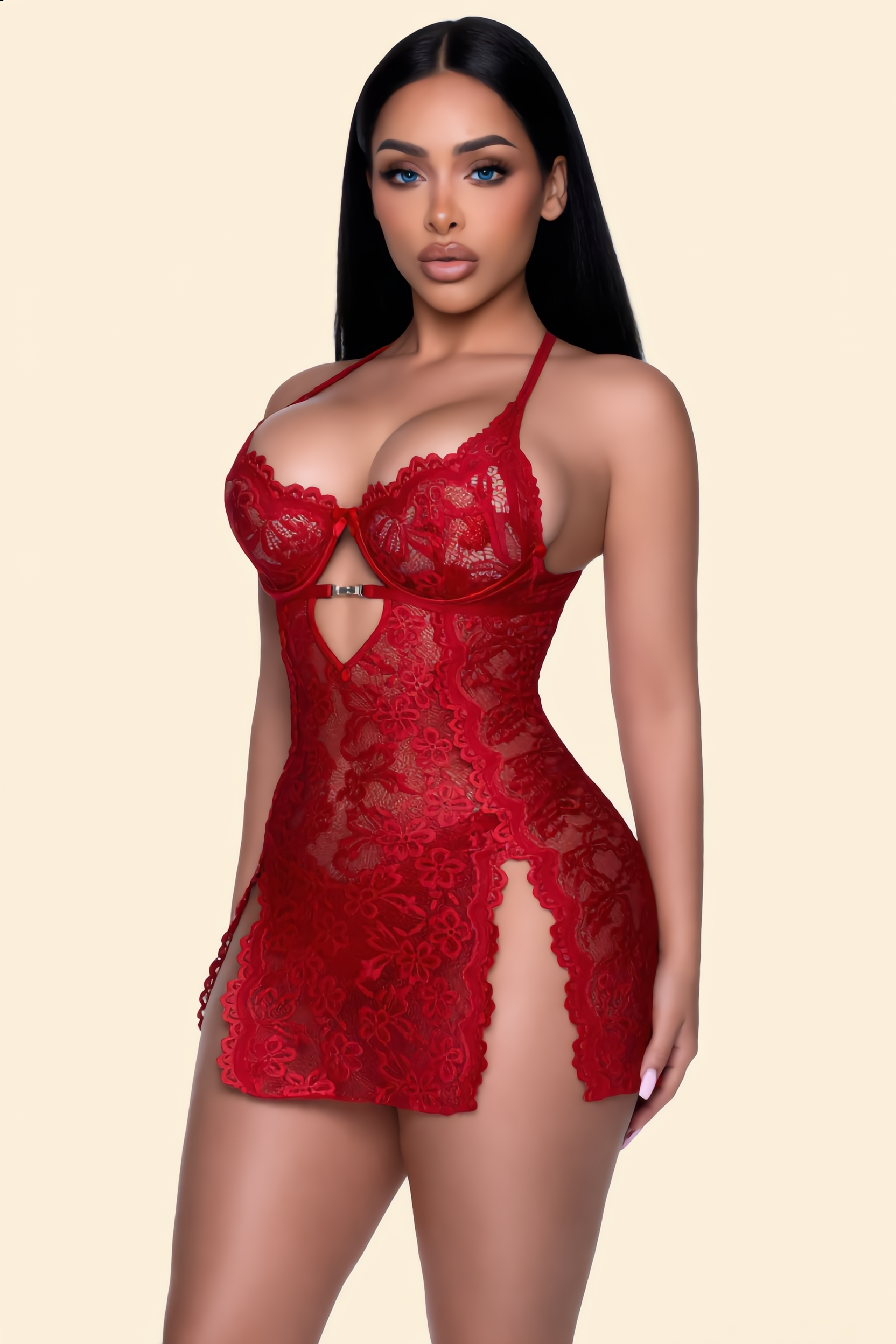 Babydoll Set Dames Kant – Rood Met Split En String – Luchtig Draagcomfort