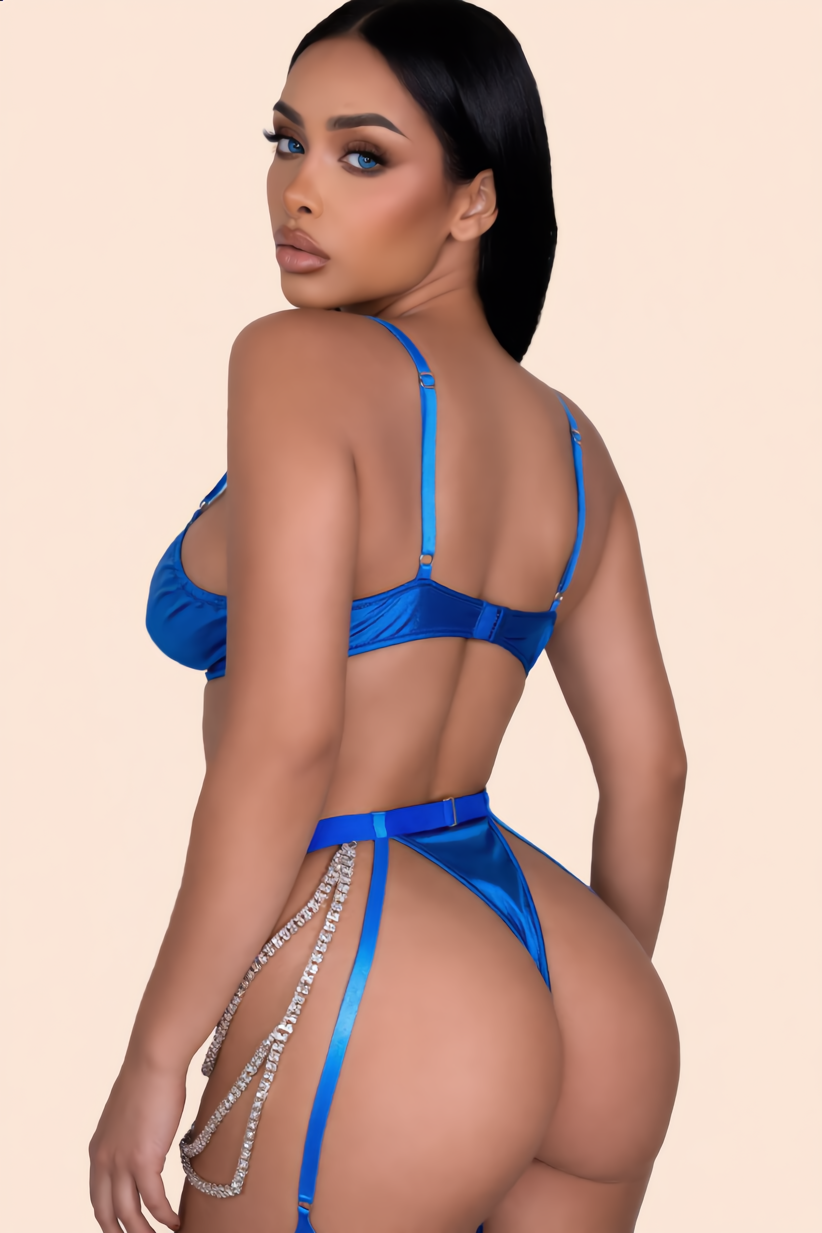 Lingerieset Dames Satijn – Saffierblauw Luxe 5-Delig Met Strass – Verleidelijke Set