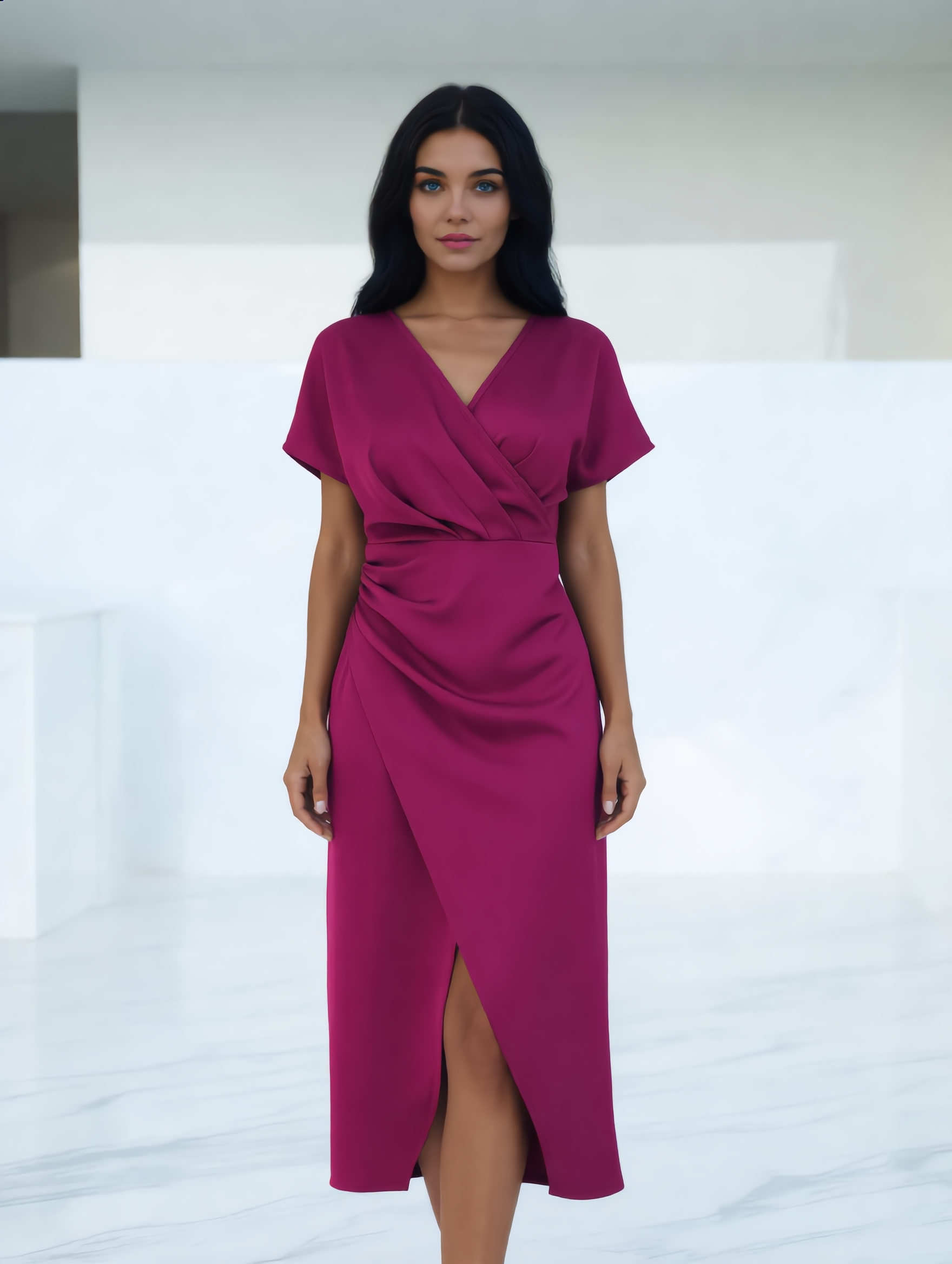 Dames Midi Jurk | Groen | Overslag V-Hals | Gedrapeerd Met Split