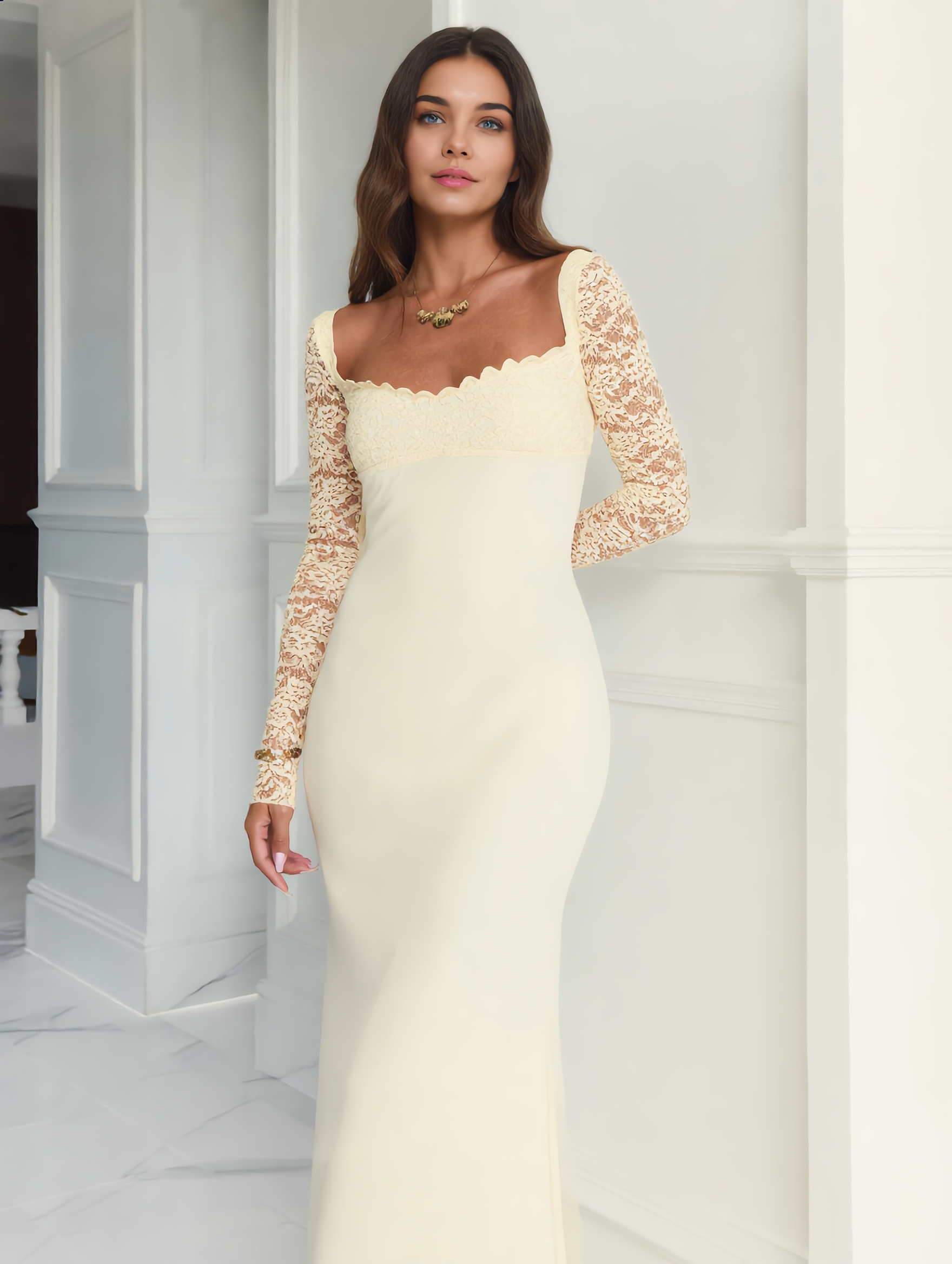 Dames Maxi Jurk | Kant Mouwen | Aansluitende Fit Met Sweetheart Hals