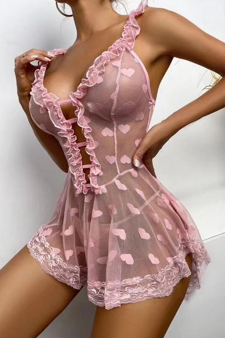 Pink Heart Mesh Babydoll Set - Babydoll Dames Mesh – Roze Lingerieset Met Ruches