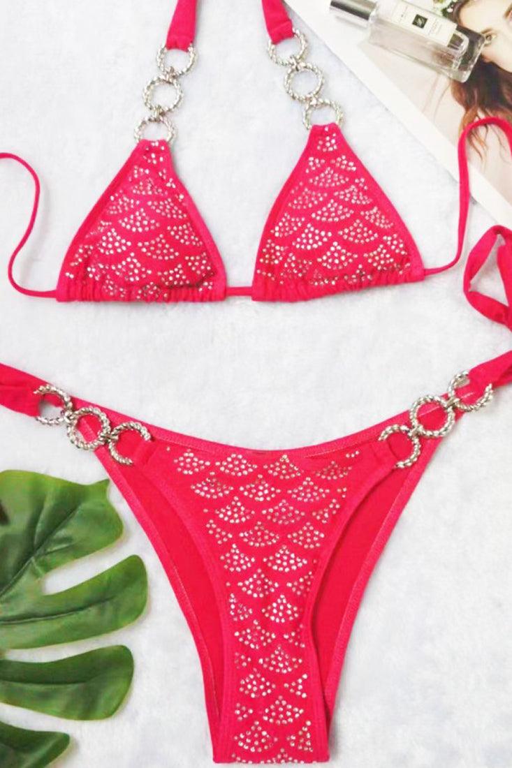 Roze Bikini Dames – Set met Strass en O-Ring Detail