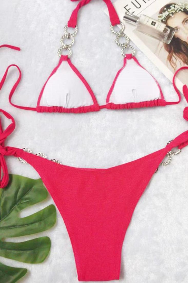 Roze Bikini Dames – Set met Strass en O-Ring Detail