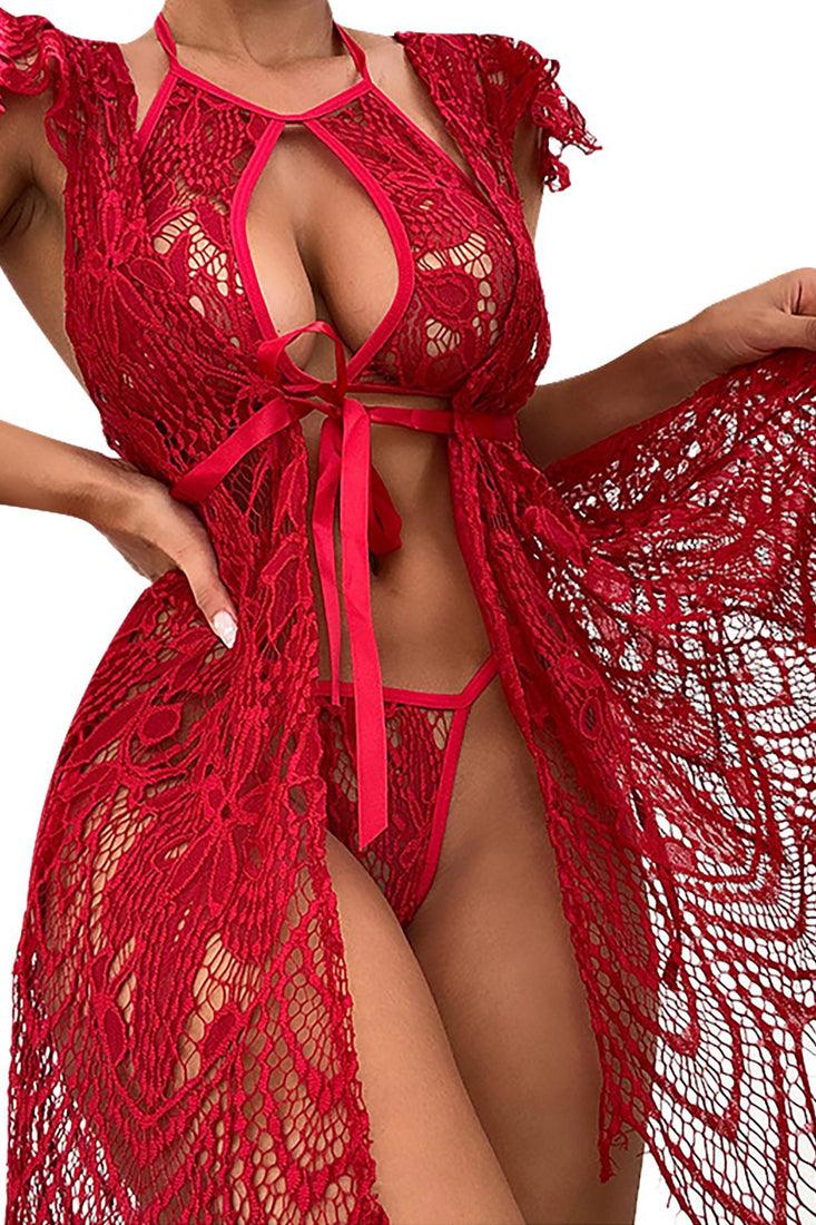 Lace Robe 3-Piece Lingerie Set - Lingerieset Dames Kant – Rood Met Haltertop – Verleidelijke Set