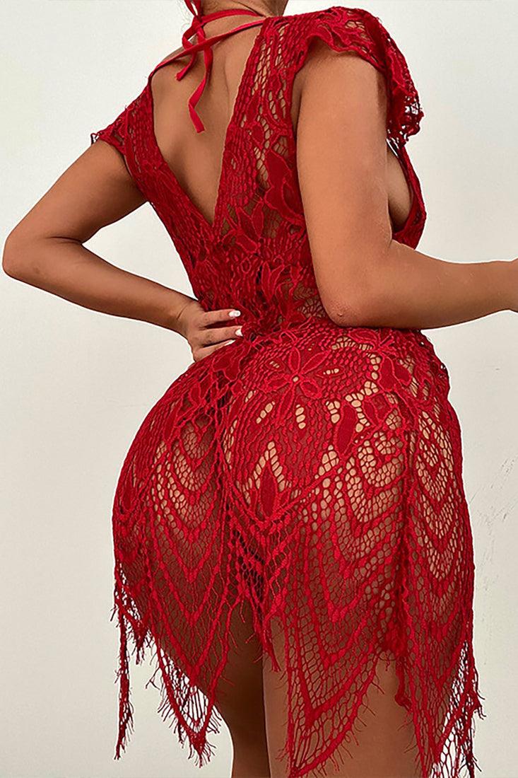 Lace Robe 3-Piece Lingerie Set - Lingerieset Dames Kant – Rood Met Haltertop – Verleidelijke Set