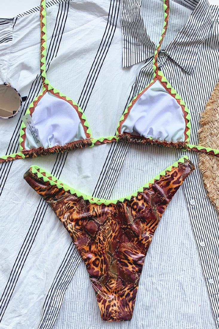Luipaardprint Bikini Dames – Set met Limegroene Details