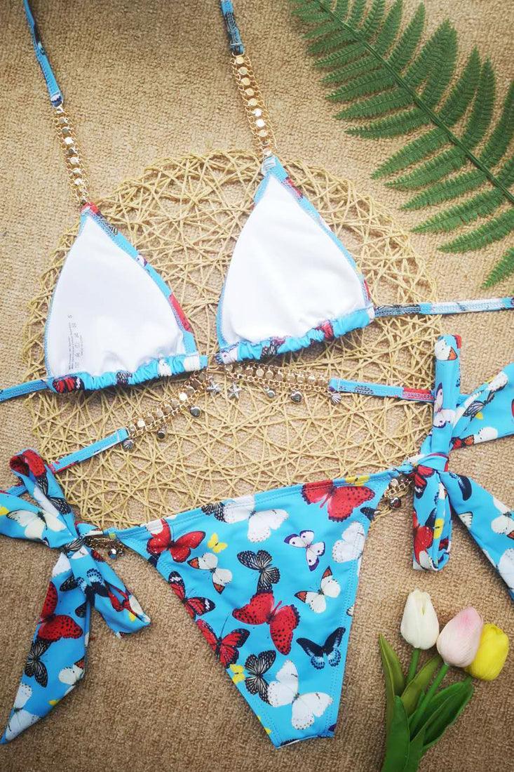 Blauwe Vlinderprint Bikini Dames – Set met Glitters