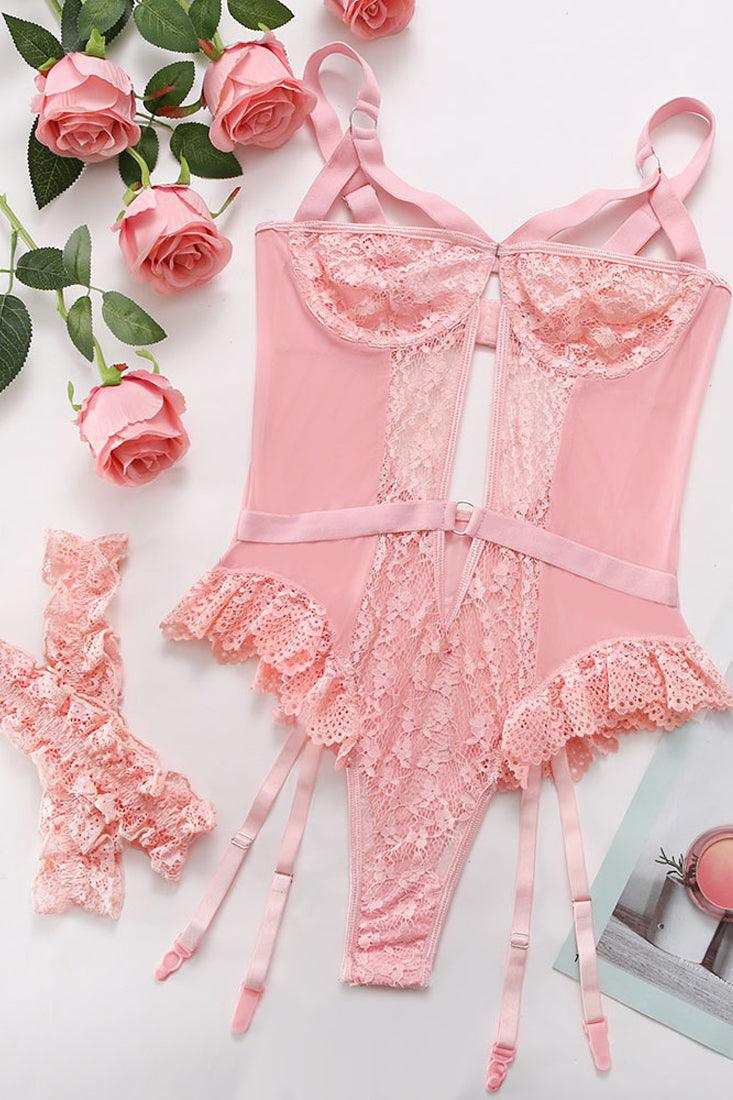 Lingerieset Dames Kant – Roze 3-Delig Met Jarretels En String – Luxe Set met Comfort