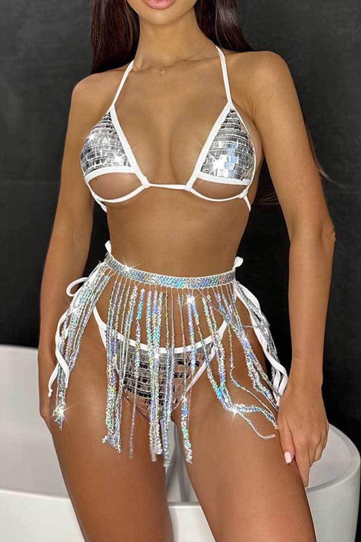 Zilver Wit Bikini Dames – 3-Delige Set met Pailletten