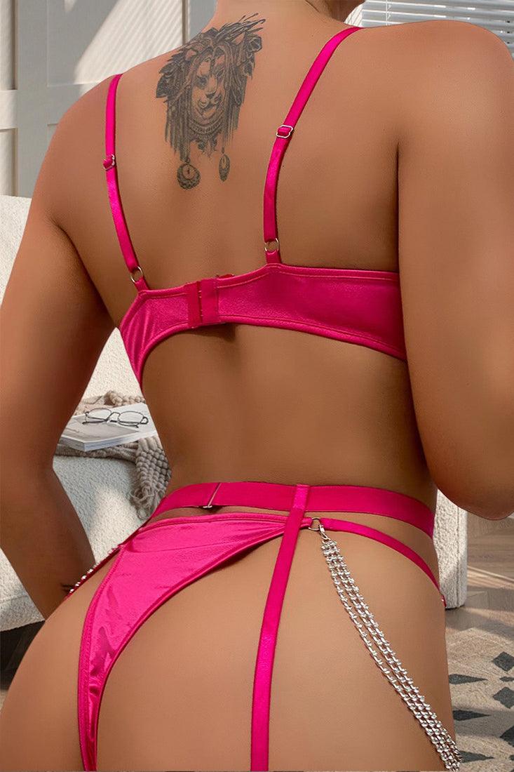 Lingerieset Dames Satijn – Roze Luxe 5-Delig Met Strass – Verleidelijke Set met Soepele Pasvorm