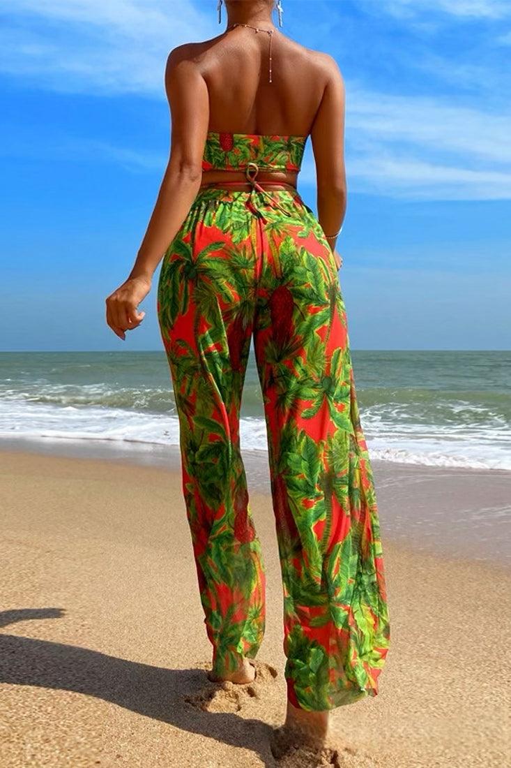 Bikini Set Palm Print Bandeau High Waist dames